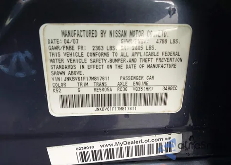 2007 Infiniti G35X из США, поврежденный, VIN JNKBV61F17M817611